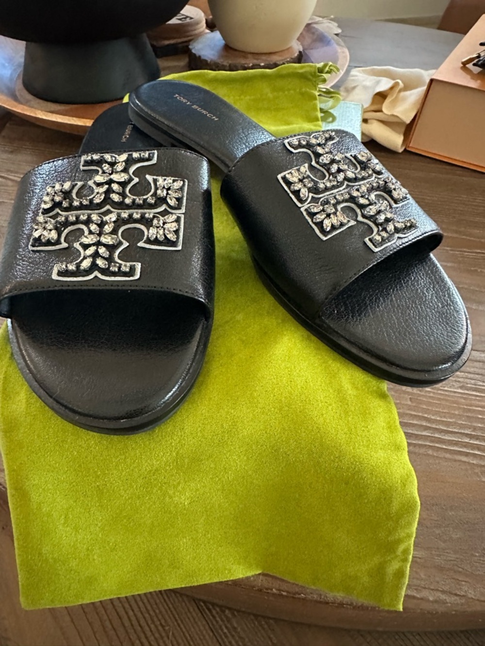 Tory Burch Black Embellished Logo Slide Sandals